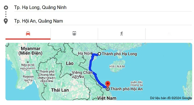The distance from Halong Bay to Hoi An is approximately 925 km by road via National Highway 1A