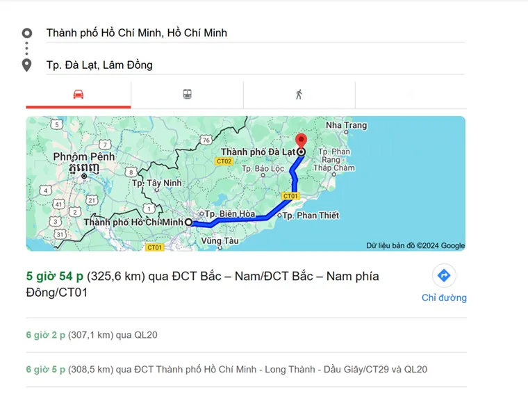 Distance and routes from Saigon to Da Lat according to Google Maps data  - Imagine source: Google Maps.
