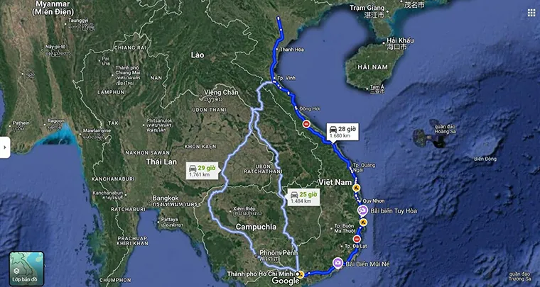 Images of Saigon and Hanoi on the map