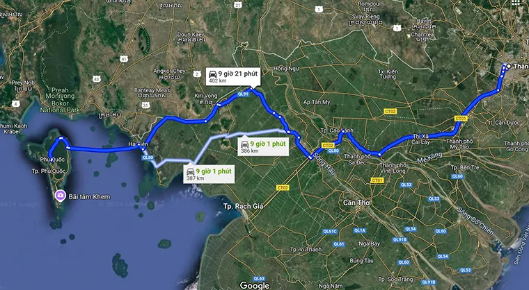Image of distance between Ho Chi Minh City and Phu Quoc on Google map