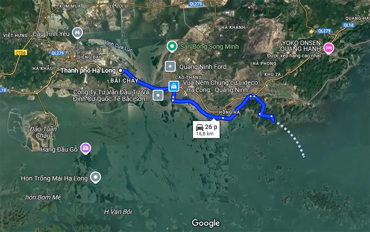 Distance from Ha Long city to Ha Long bay.