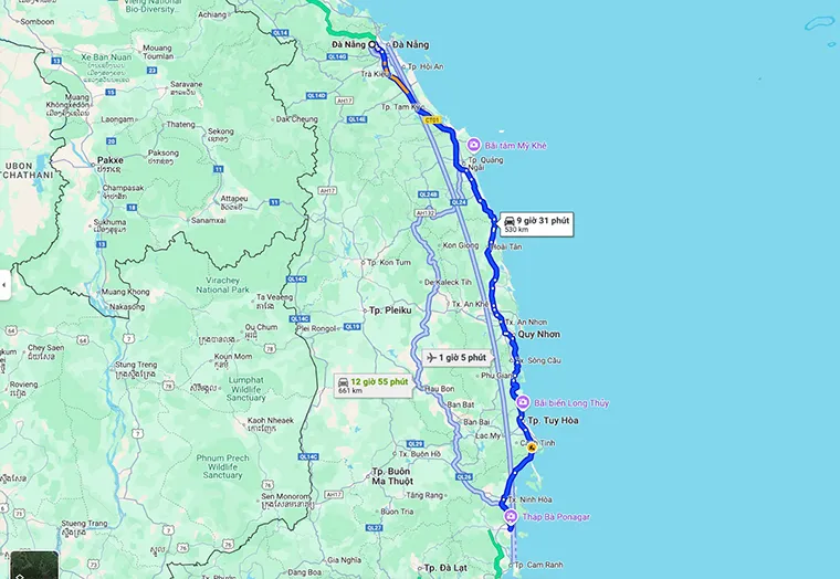 The distance from Da Nang to Nha Trang is about 530 km by road