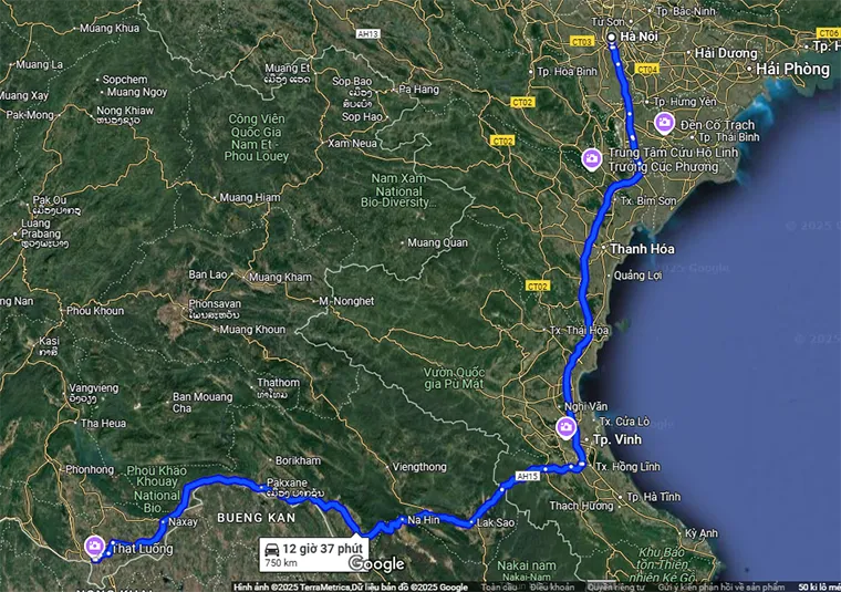 Distance from Hanoi to Vientiane.