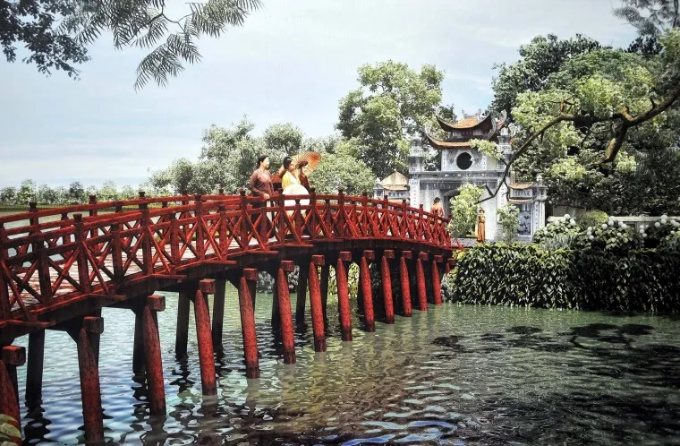 The Huc Bridge represents spiritual awakening, scholarly aspirations, and the transition from the secular to the sacred - Photo Source: Facebook Hà Nội Fan