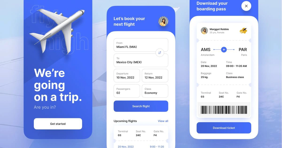 Booking flight on mobile app cheap airline tickets concept