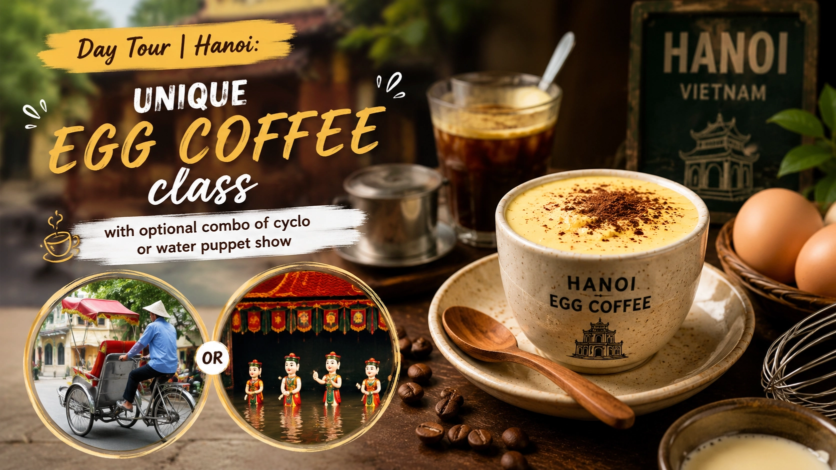 Day Tour | Hanoi: Unique Egg coffee class with optional combo of cyclo or water puppet show