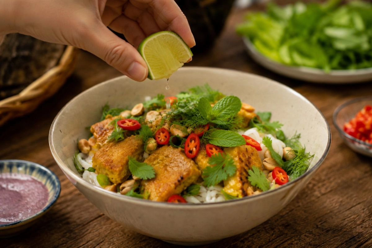 Lime, chili, and herbs balance the rich turmeric fish