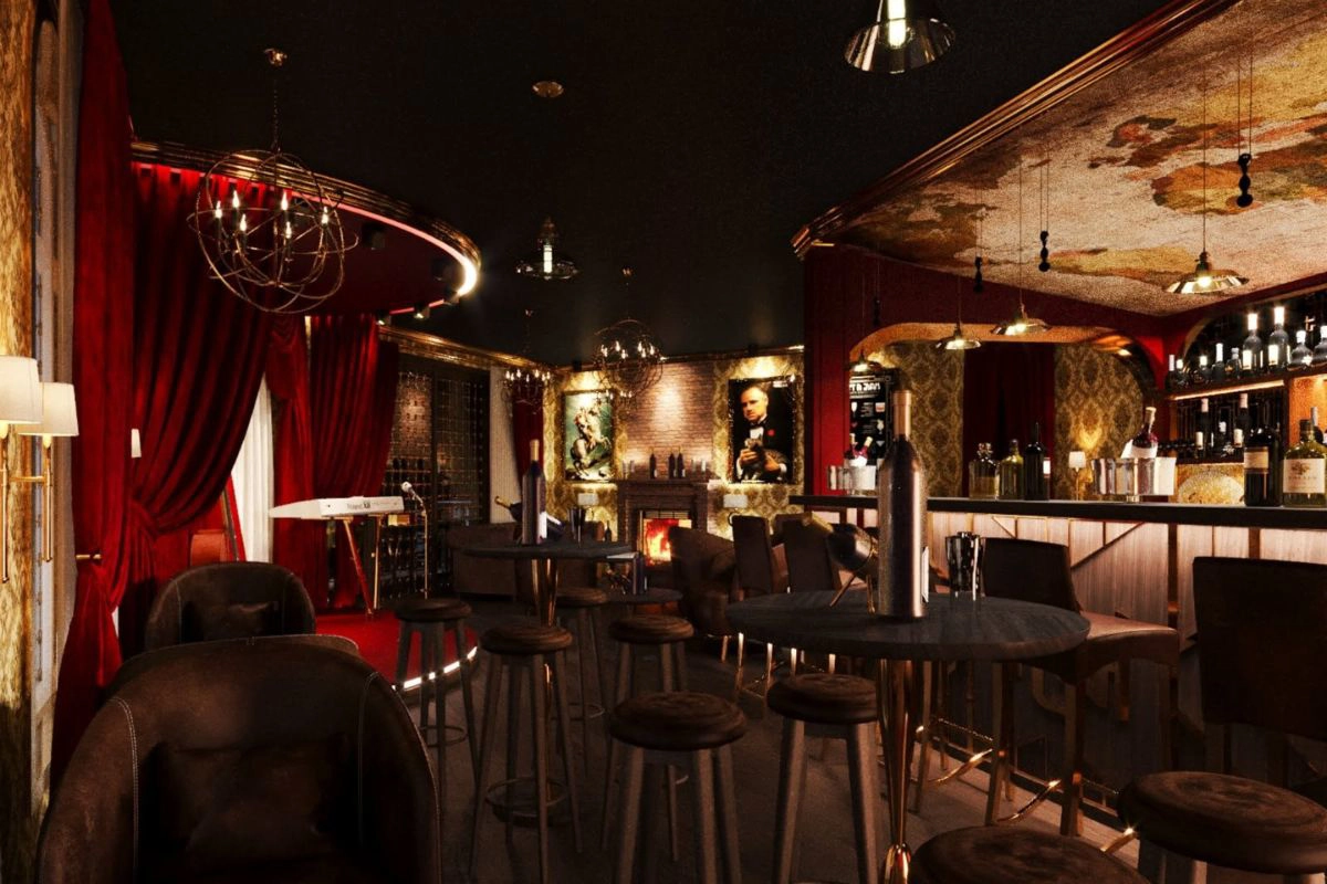 A hidden bookshelf door leads to this roaring twenties themed lounge