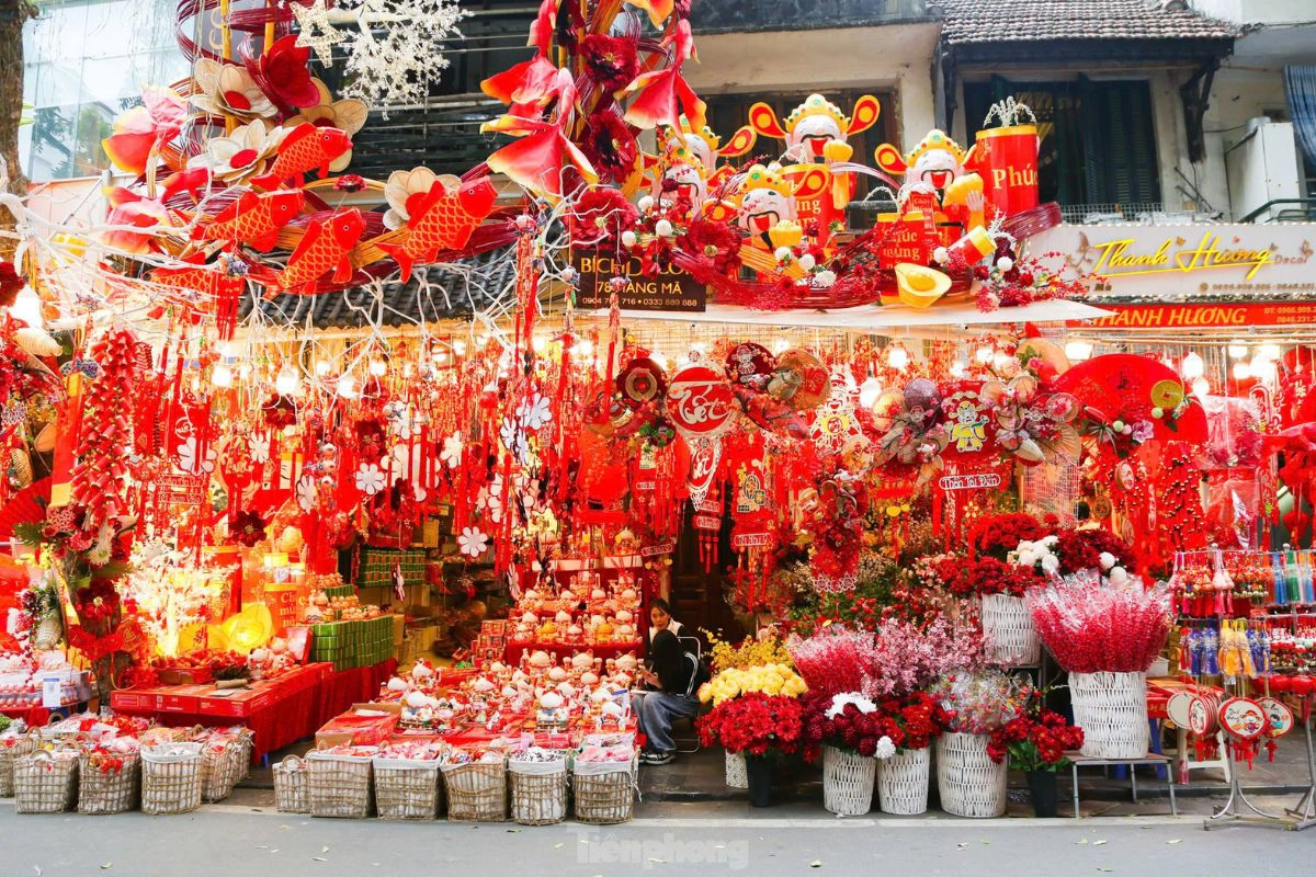 Hang Ma Street glows with red and gold Tet decorations