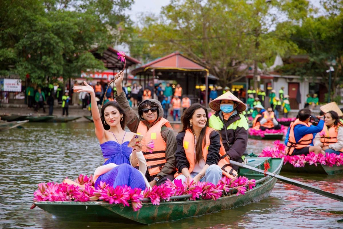Small rowboats navigating the quiet river waters
