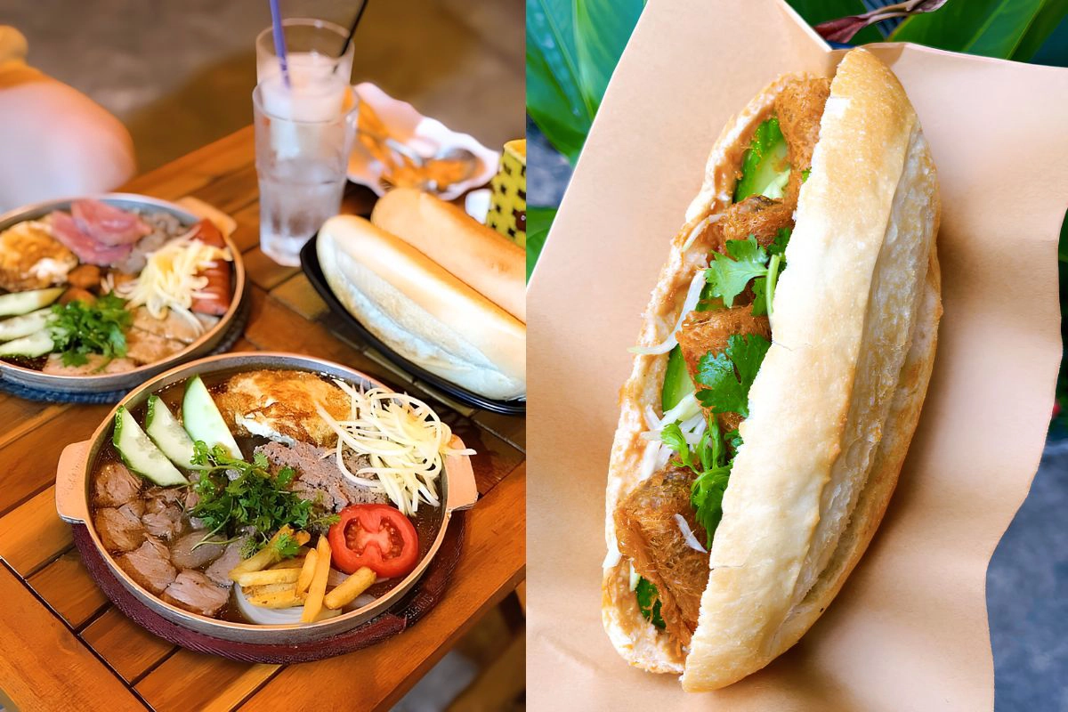 A crispy Vietnamese baguette filled with savory roasted pork and fresh vegetables