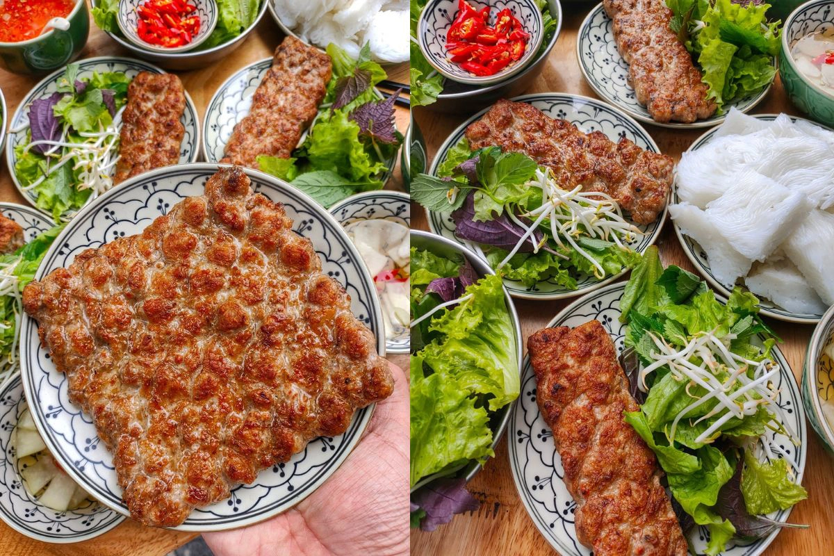 Smoky grilled pork patties served with white rice noodles and fresh greens