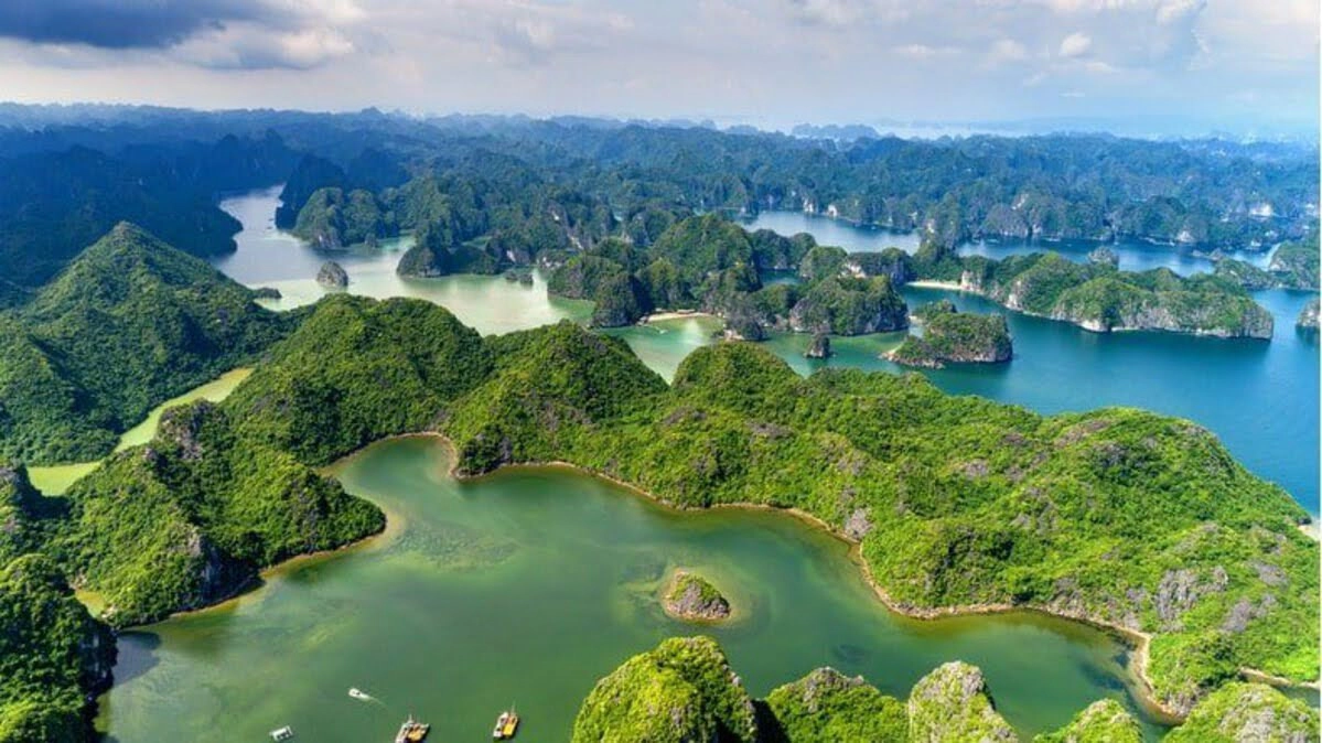 Aerial view of limestone karst islands