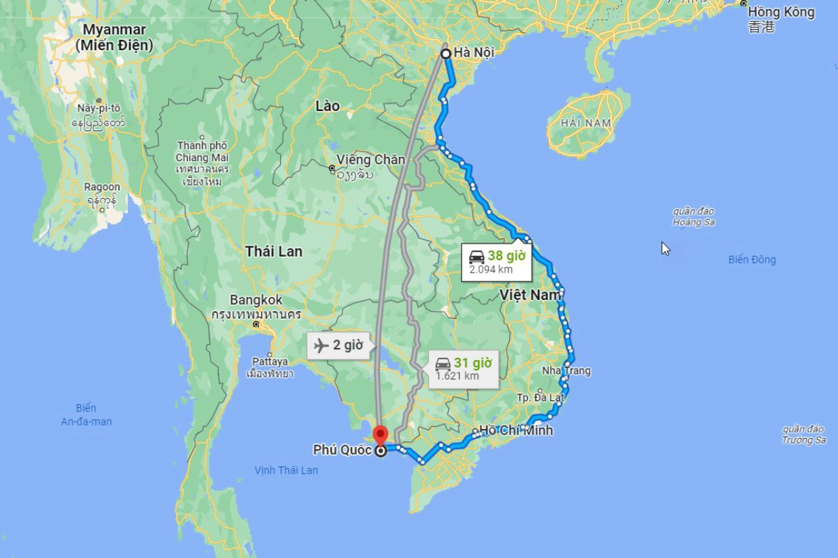 Map displaying the long distance between southern and northern Vietnam