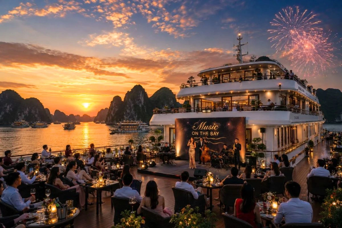 Guests enjoying a lively sunset party on the open sundeck