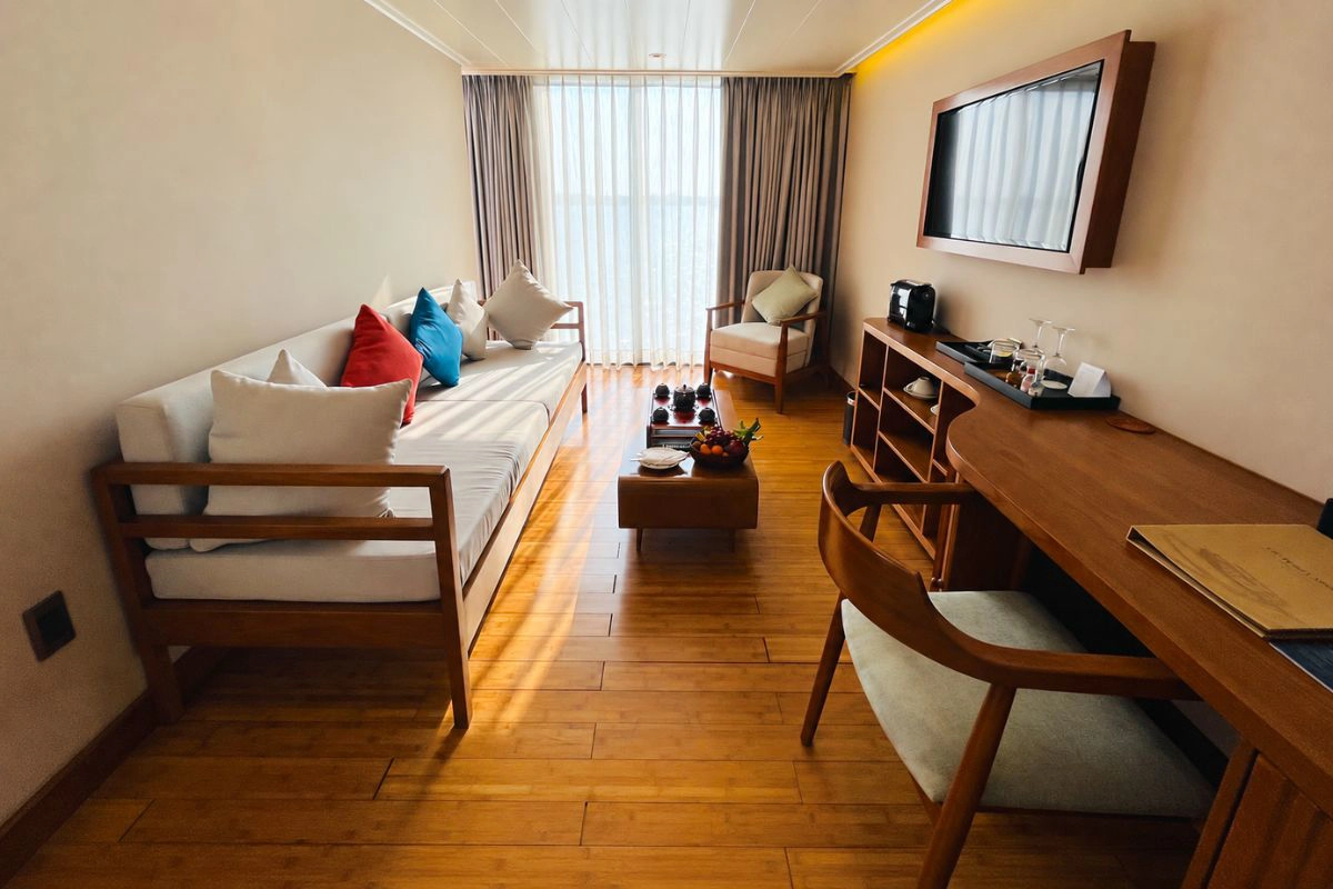 Spacious luxury suite featuring a private teak wood balcony